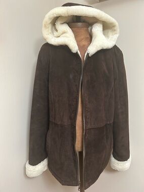 Stephanie Andrew’s Suede Hooded Shearling Jacket with Cream Lining Leather